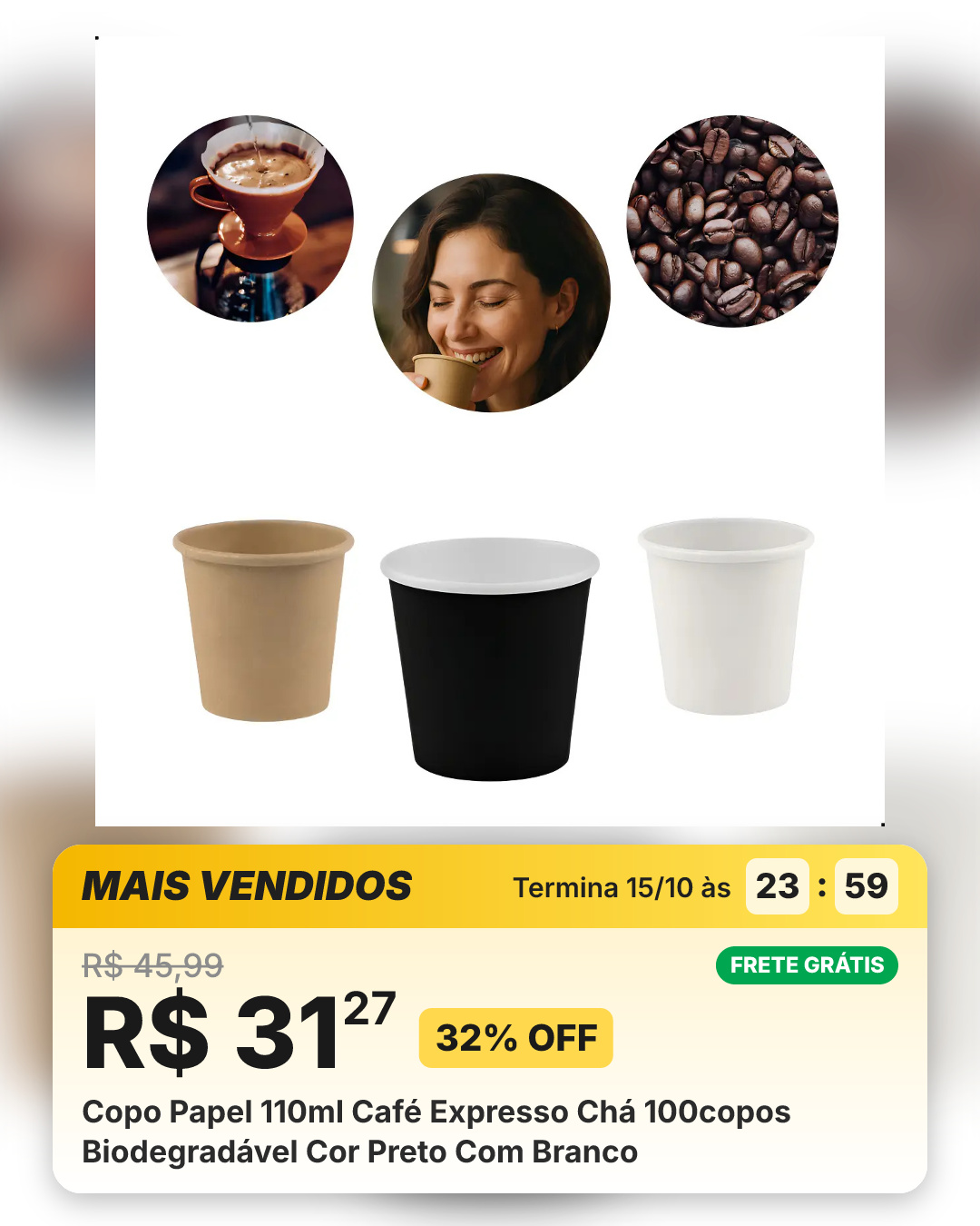 Copo Papel 110ml Café Expresso Chá 100copos Biodegradável Cor Preto Com Branco