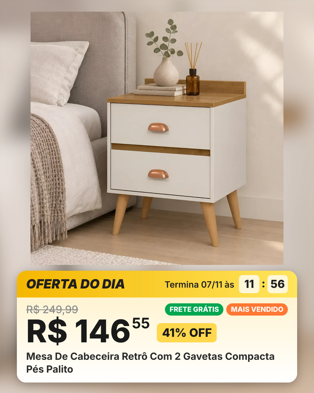 Mesa De Cabeceira Retrô Com 2 Gavetas Compacta Pés Palito