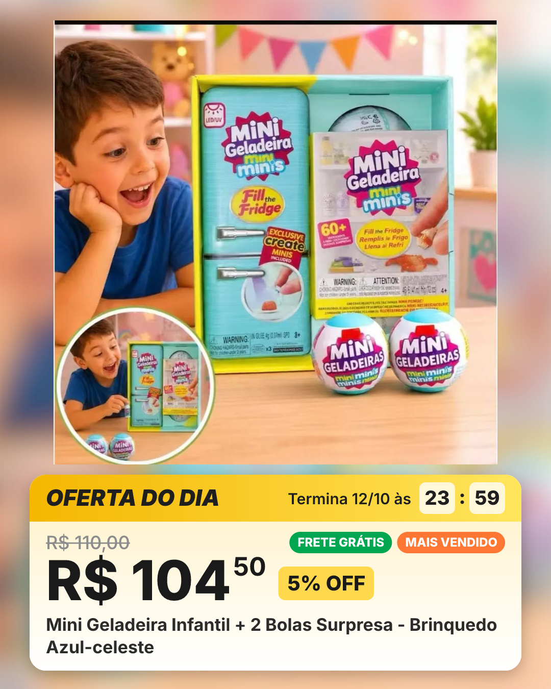 Mini Geladeira Infantil + 2 Bolas Surpresa - Brinquedo Azul-celeste