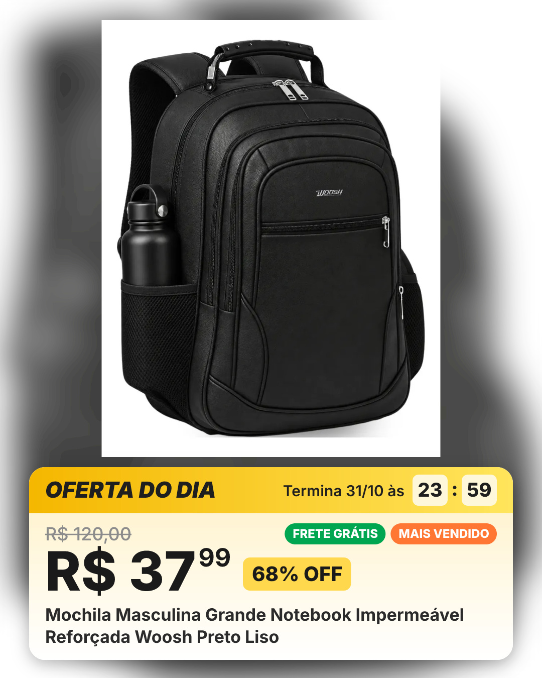 Mochila Masculina Grande Notebook Impermeável Reforçada Woosh Preto Liso