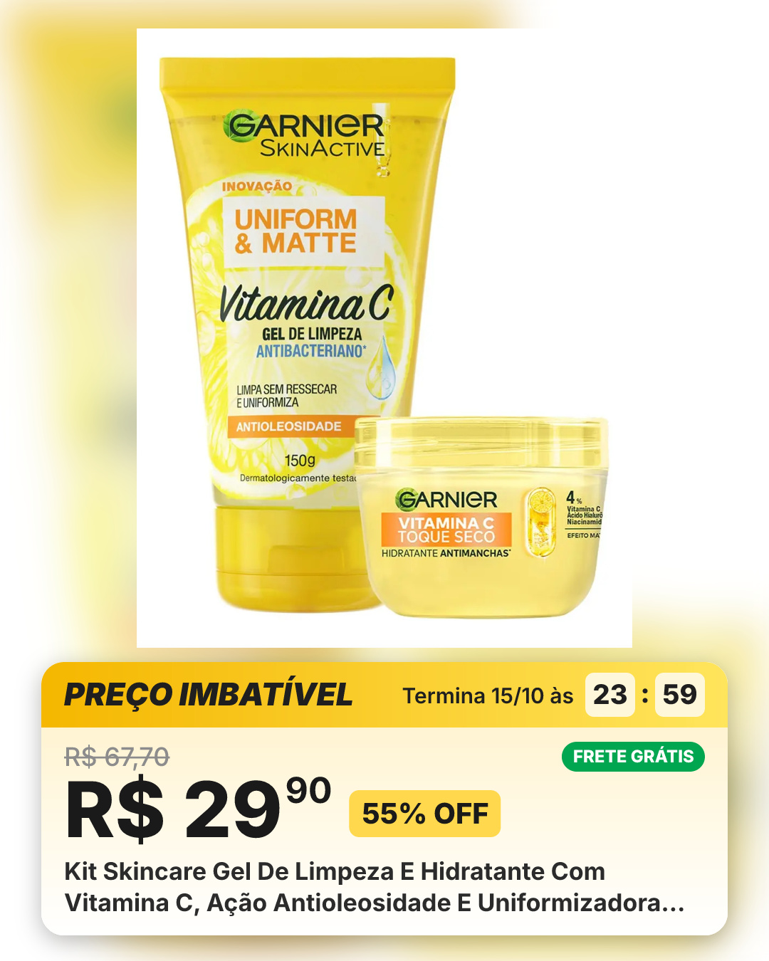 Kit Skincare Gel De Limpeza E Hidratante Com Vitamina C, Ação Antioleosidade E Uniformizadora, Pele Iluminada E Hidratada, Uniform & Matte Garnier 150g