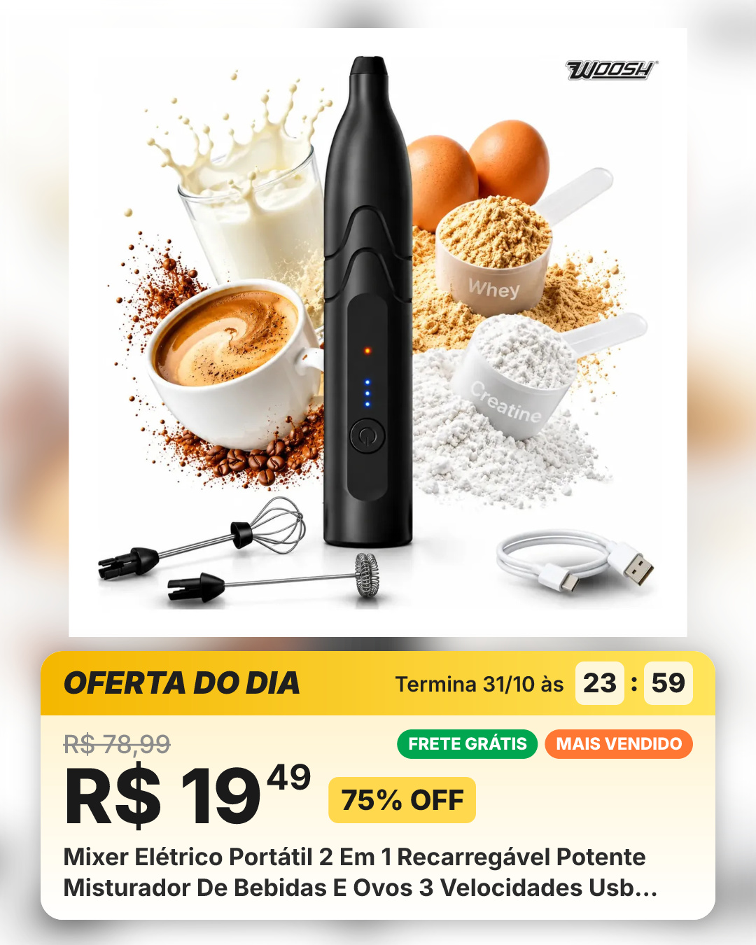 Mixer Elétrico Portátil 2 Em 1 Recarregável Potente Misturador De Bebidas E Ovos 3 Velocidades Usb Batedor E Fue Fouet Woosh Preto