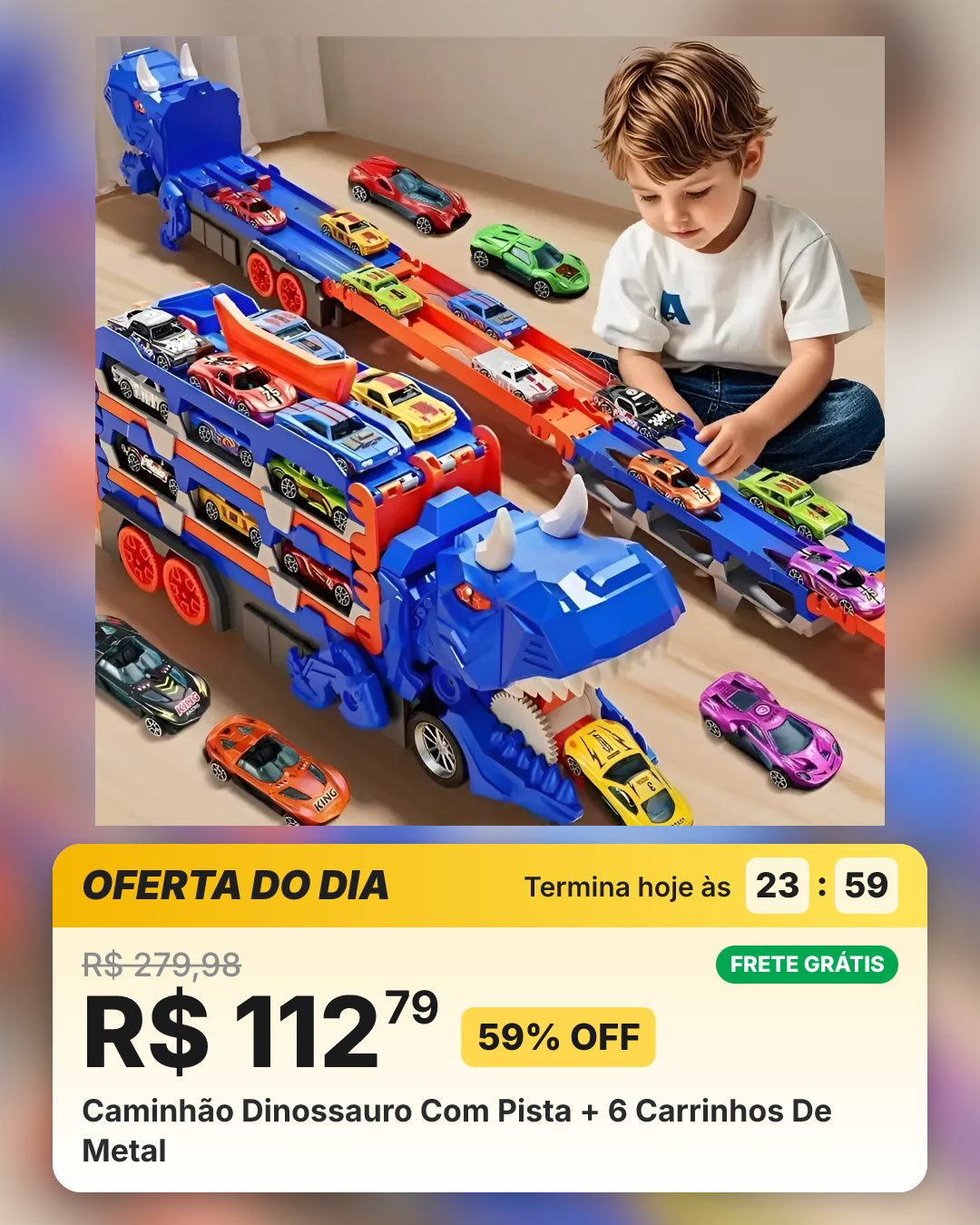 Caminhão Dinossauro Com Pista + 6 Carrinhos De Metal