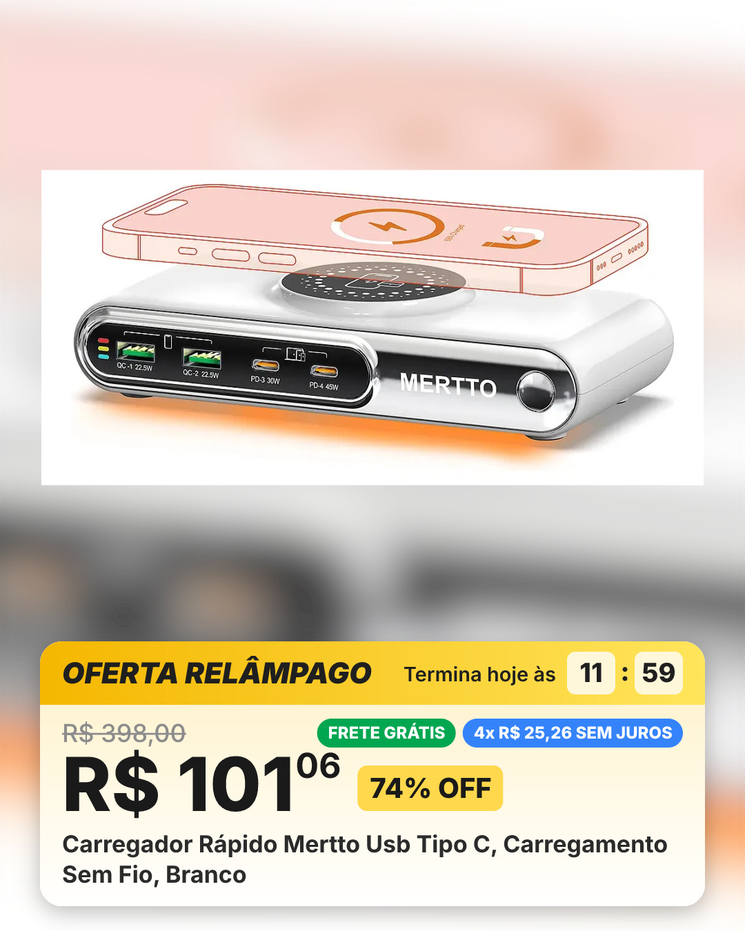 Carregador Rápido Mertto Usb Tipo C, Carregamento Sem Fio, Branco