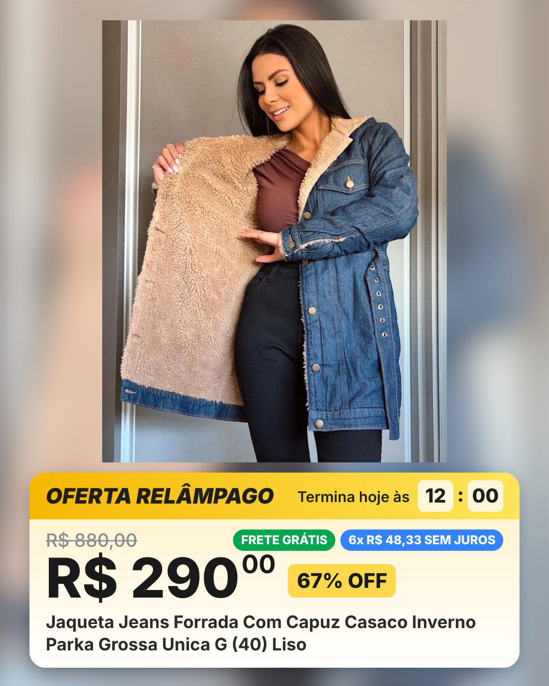 Jaqueta Jeans Forrada Com Capuz Casaco Inverno Parka Grossa Unica G (40) Liso