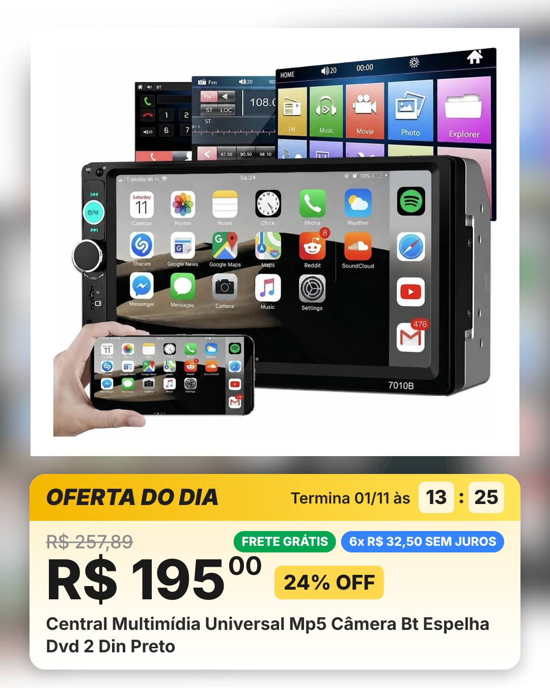 Central Multimídia Universal Mp5 Câmera Bt Espelha Dvd 2 Din Preto