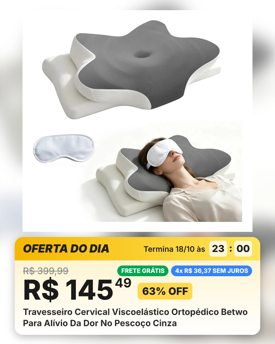 Travesseiro Cervical Viscoelástico Ortopédico Betwo Para Alívio Da Dor No Pescoço Cinza