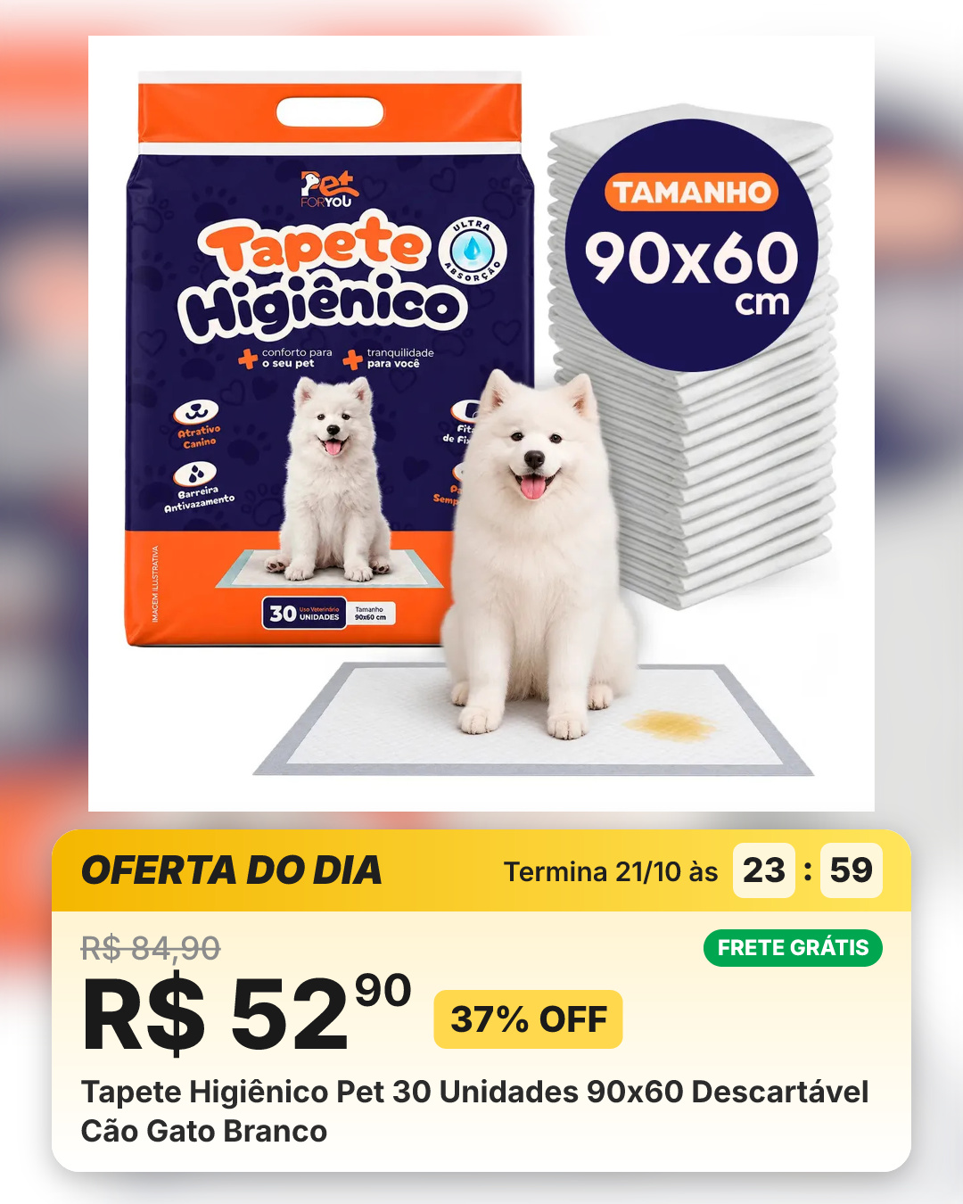 Tapete Higiênico Pet 30 Unidades 90x60 Descartável Cão Gato Branco