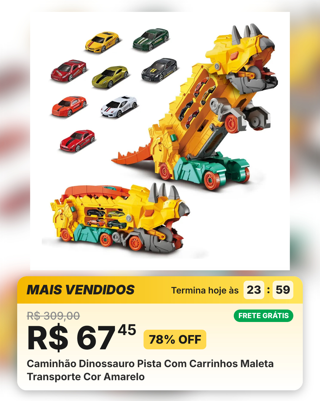 Caminhão Dinossauro Pista Com Carrinhos Maleta Transporte Cor Amarelo