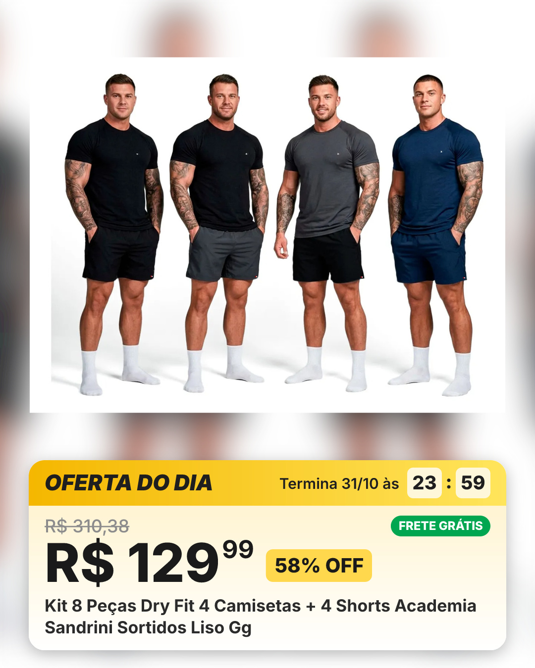Kit 8 Peças Dry Fit 4 Camisetas + 4 Shorts Academia Sandrini Sortidos Liso Gg