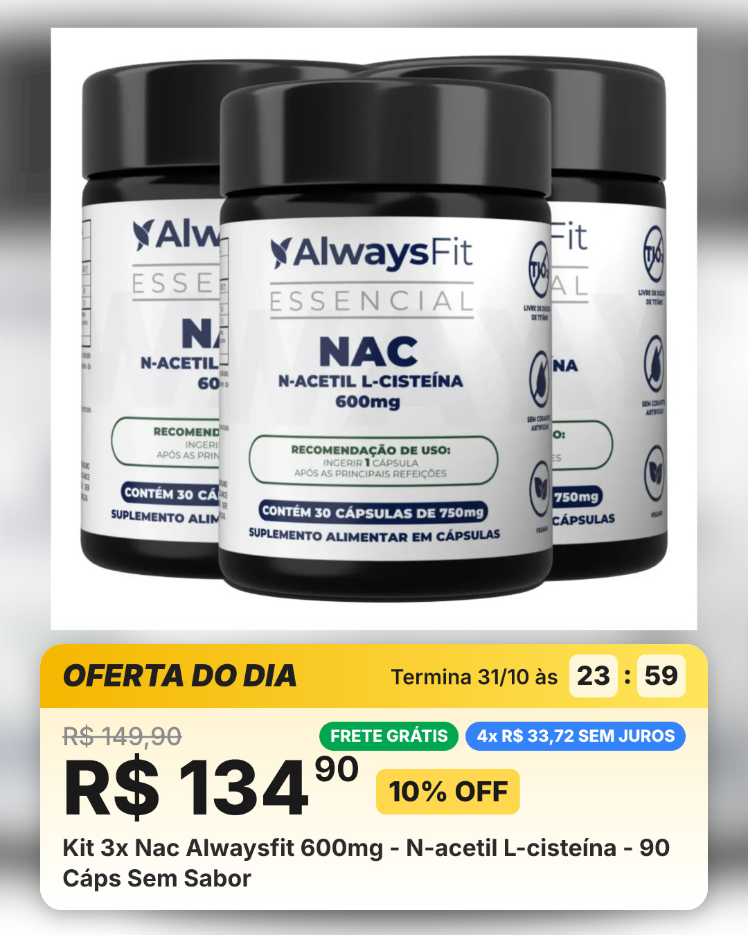 Kit 3x Nac Alwaysfit 600mg - N-acetil L-cisteína - 90 Cáps Sem Sabor