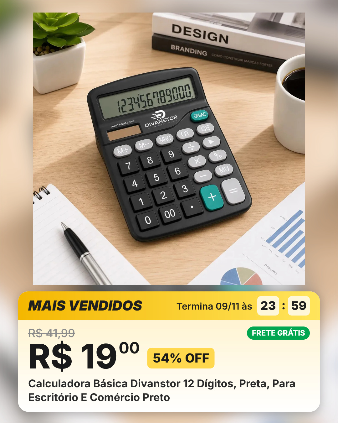 Calculadora Básica Divanstor 12 Dígitos, Preta, Para Escritório E Comércio Preto
