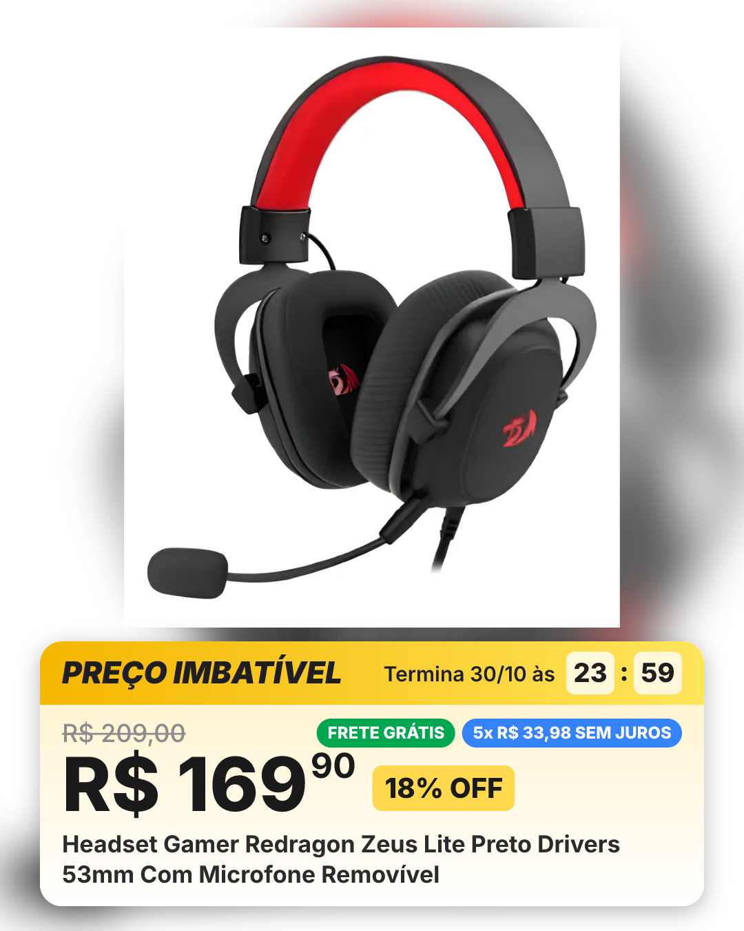 Headset Gamer Redragon Zeus Lite Preto Drivers 53mm Com Microfone Removível