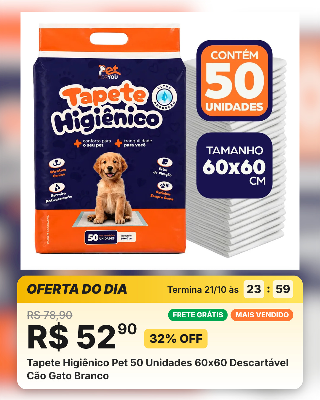 Tapete Higiênico Pet 50 Unidades 60x60 Descartável Cão Gato Branco