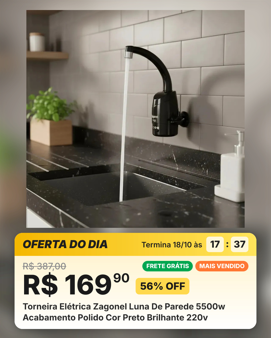 Torneira Elétrica Zagonel Luna De Parede 5500w Acabamento Polido Cor Preto Brilhante 220v