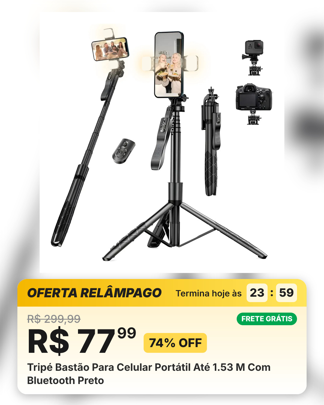 Tripé Bastão Para Celular Portátil Até 1.53 M Com Bluetooth Preto