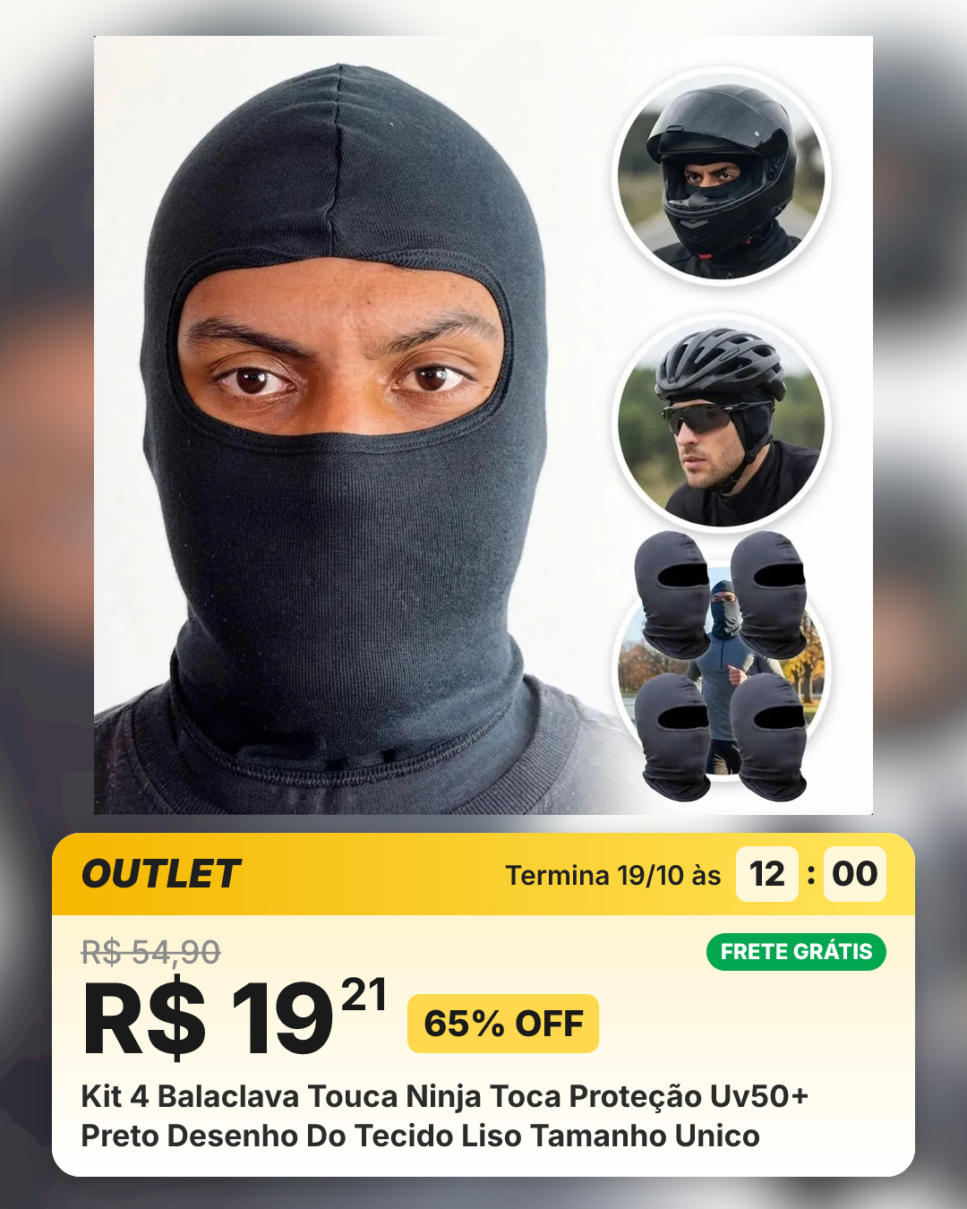 Kit 4 Balaclava Touca Ninja Toca Proteção Uv50+ Preto Desenho Do Tecido Liso Tamanho Unico