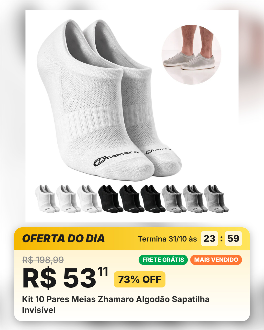 Kit 10 Pares Meias Zhamaro Algodão Sapatilha Invisível