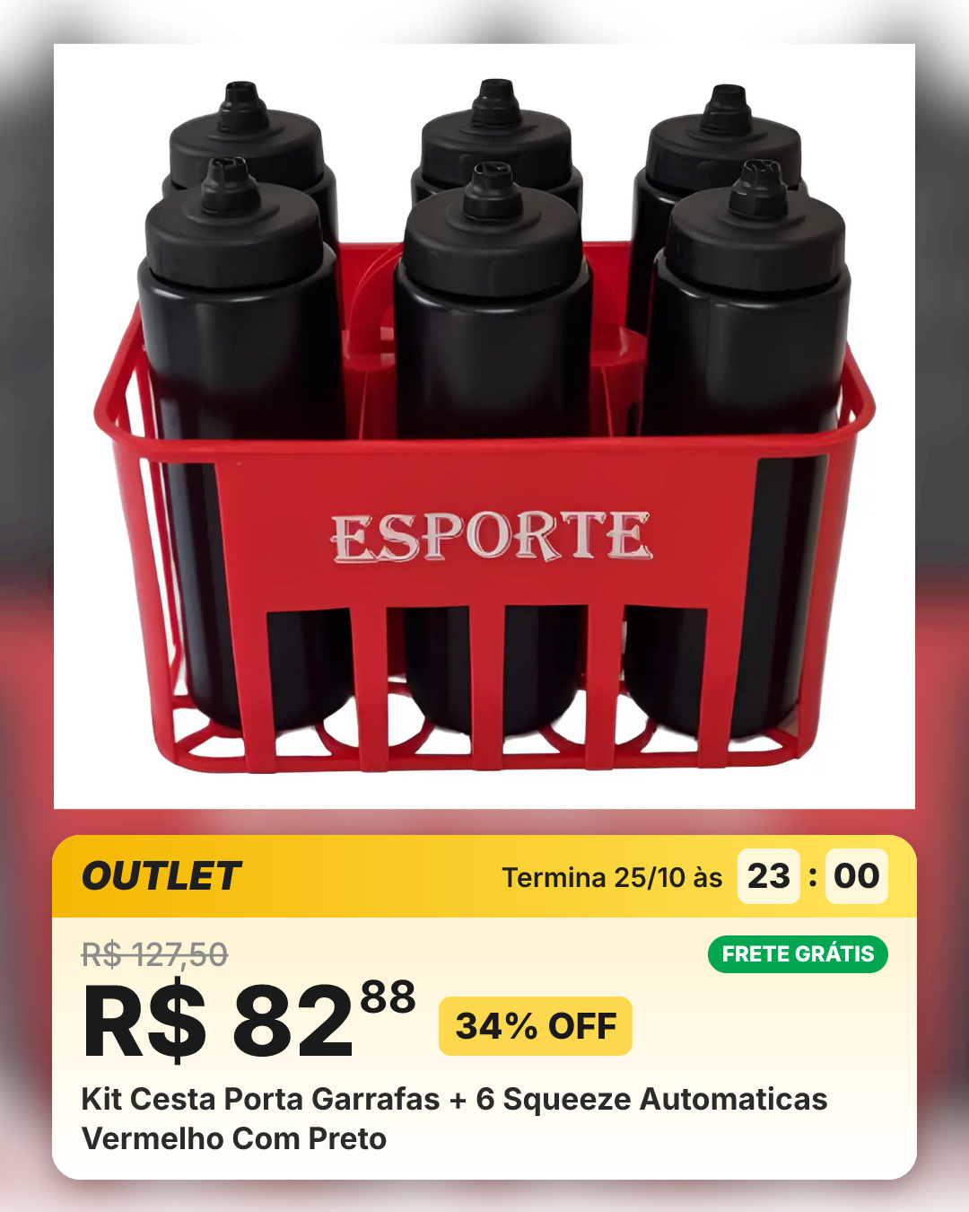 Kit Cesta Porta Garrafas + 6 Squeeze Automaticas Vermelho Com Preto