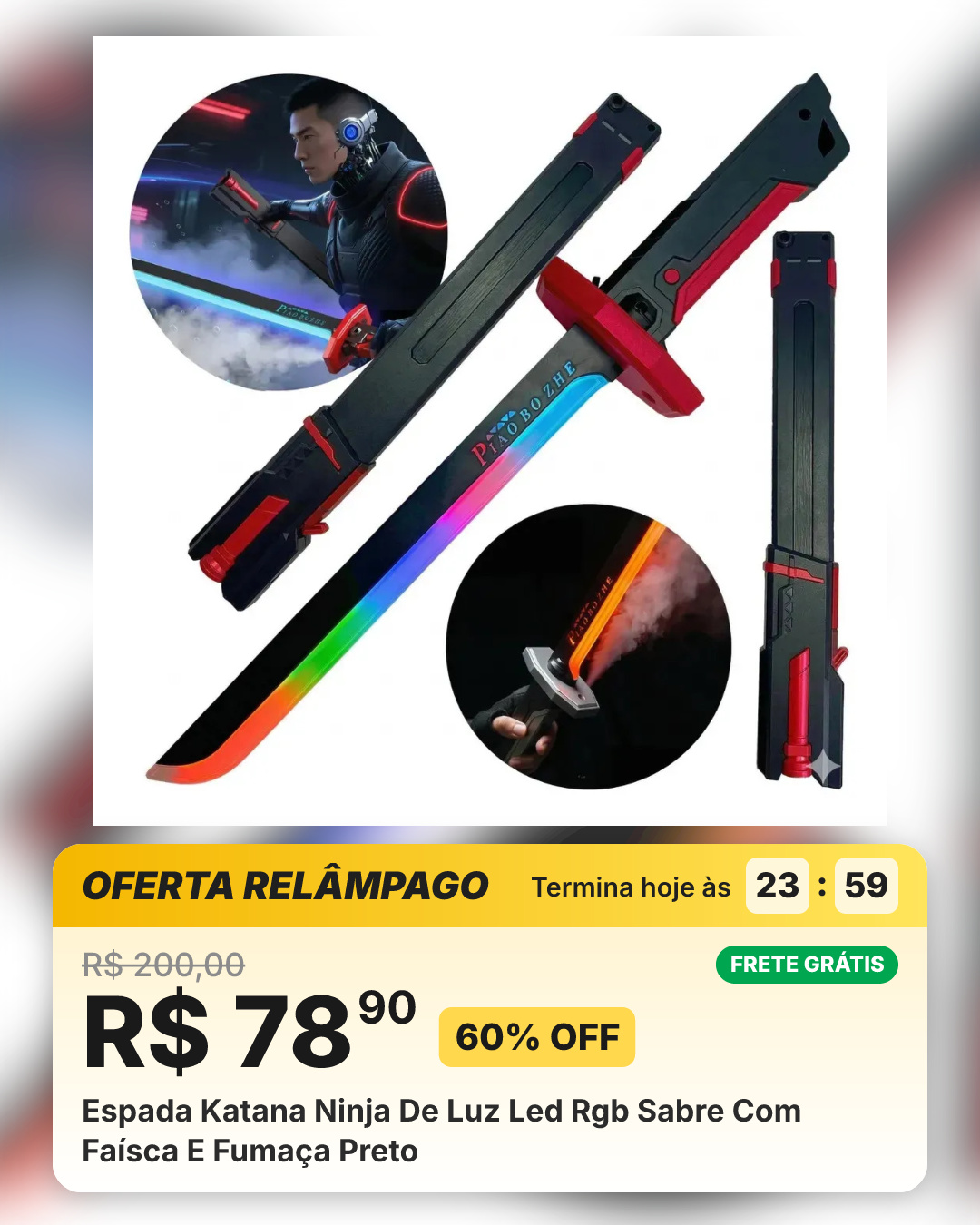 Espada Katana Ninja De Luz Led Rgb Sabre Com Faísca E Fumaça Preto