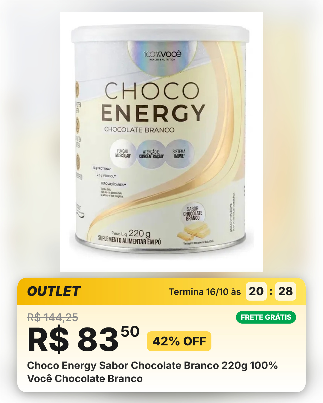 Choco Energy Sabor Chocolate Branco 220g 100% Você Chocolate Branco