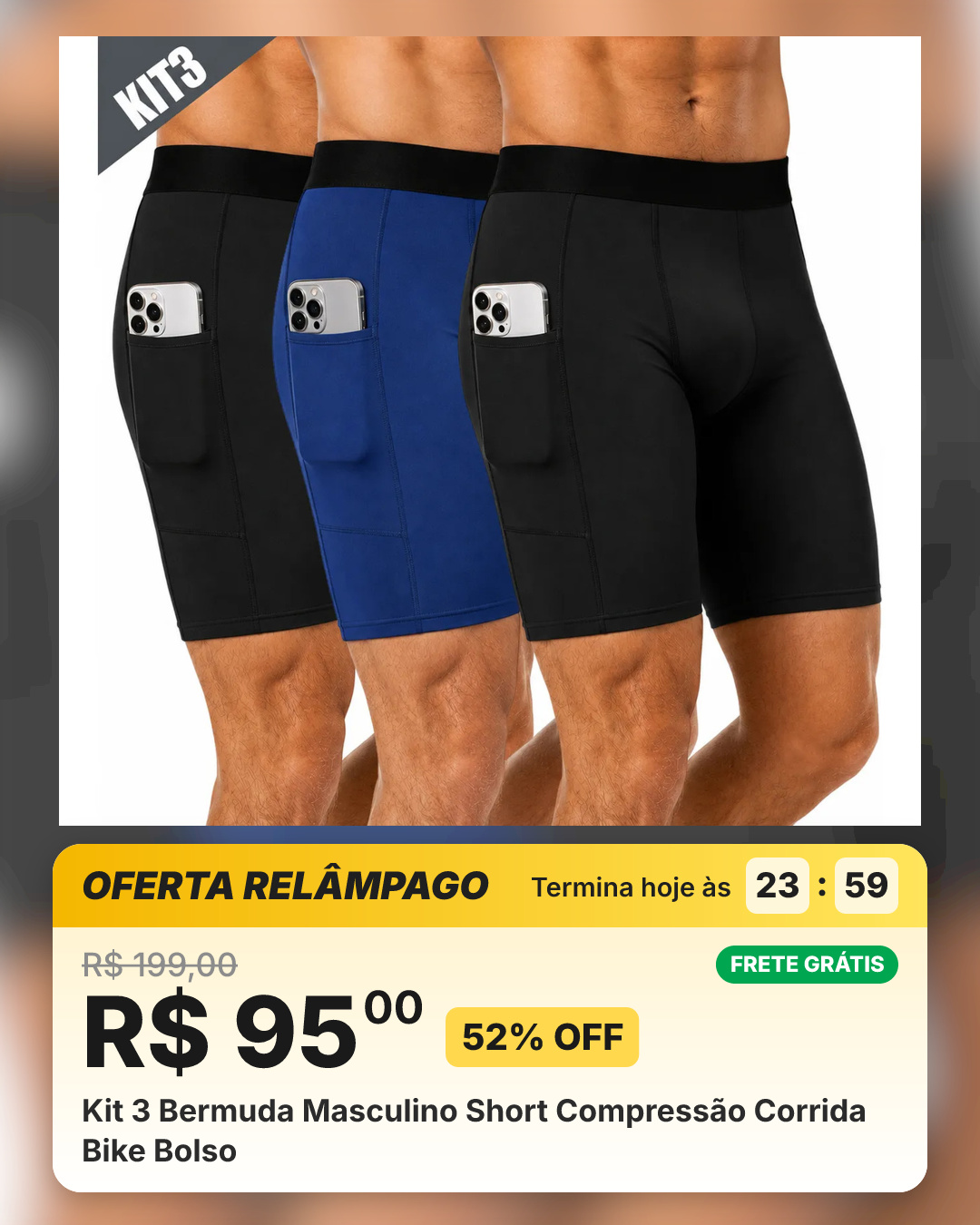 Kit 3 Bermuda Masculino Short Compressão Corrida Bike Bolso