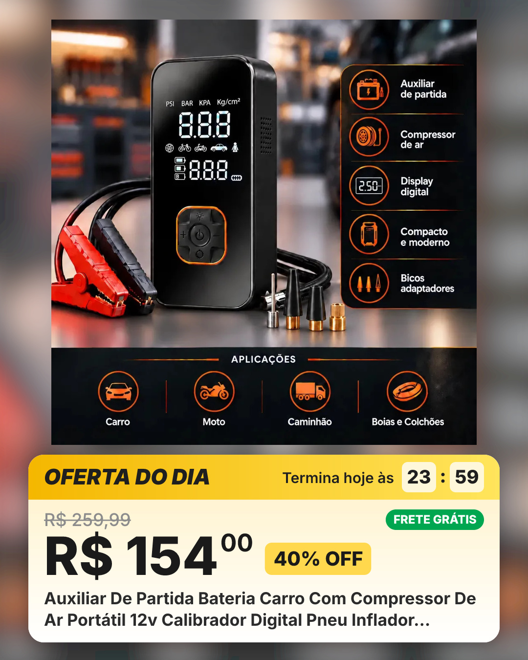 Auxiliar De Partida Bateria Carro Com Compressor De Ar Portátil 12v Calibrador Digital Pneu Inflador Veicular Emergência Automotivo Para Moto Suv Caminhonete Pickup Hardline