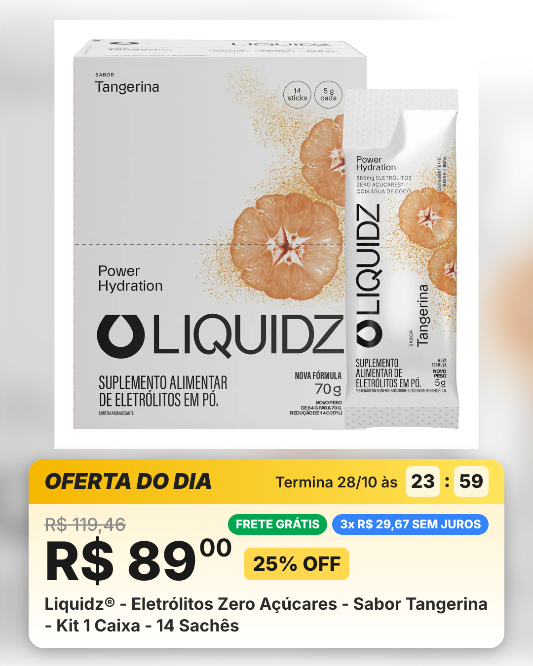 Liquidz® - Eletrólitos Zero Açúcares - Sabor Tangerina - Kit 1 Caixa - 14 Sachês