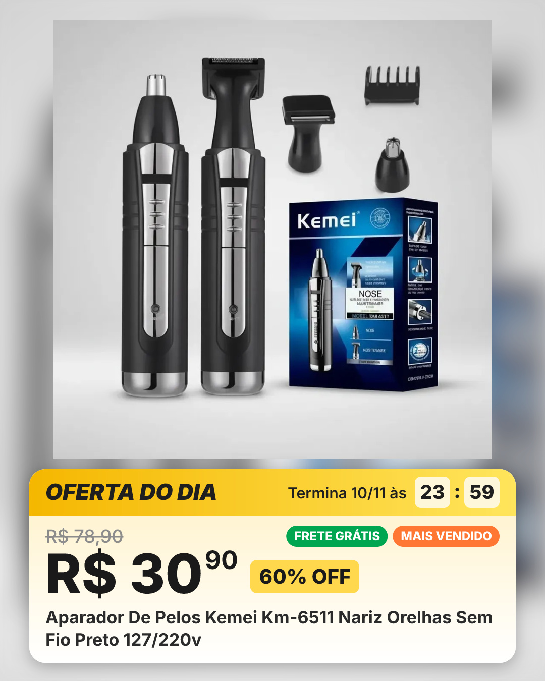 Aparador De Pelos Kemei Km-6511 Nariz Orelhas Sem Fio Preto 127/220v
