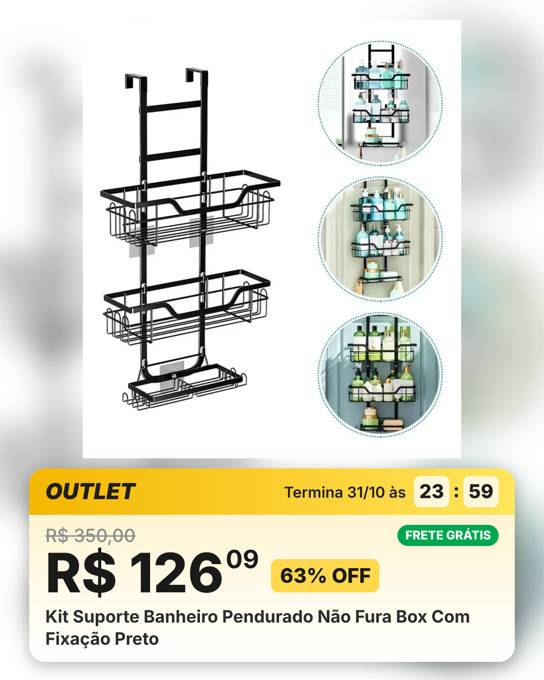 Kit Suporte Banheiro Pendurado Não Fura Box Com Fixação Preto