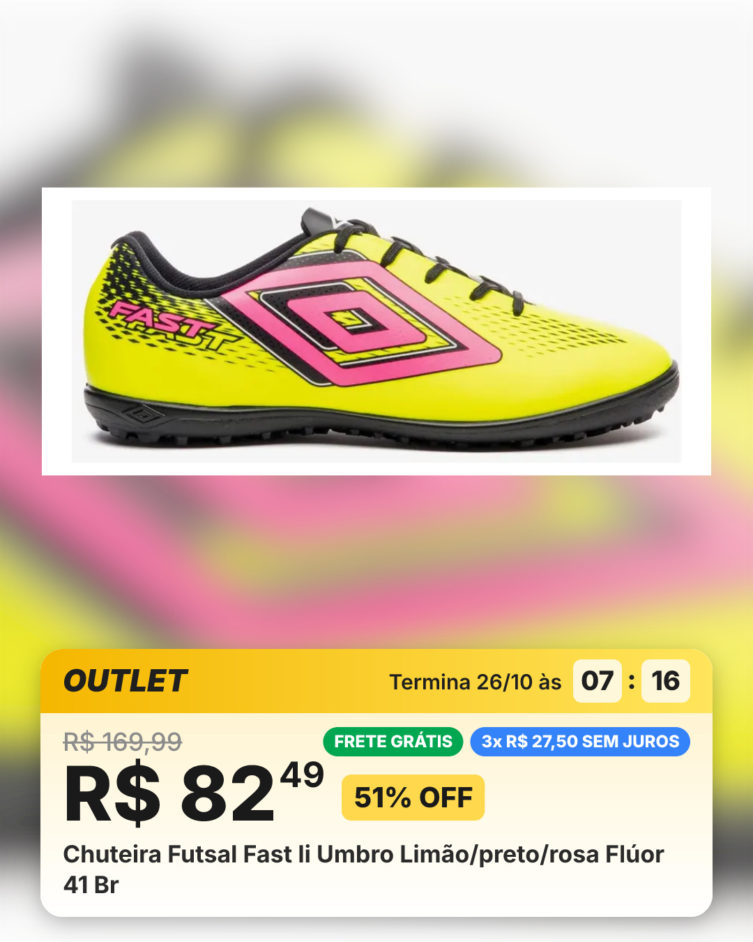 Chuteira Futsal Fast Ii Umbro Limão/preto/rosa Flúor 41 Br