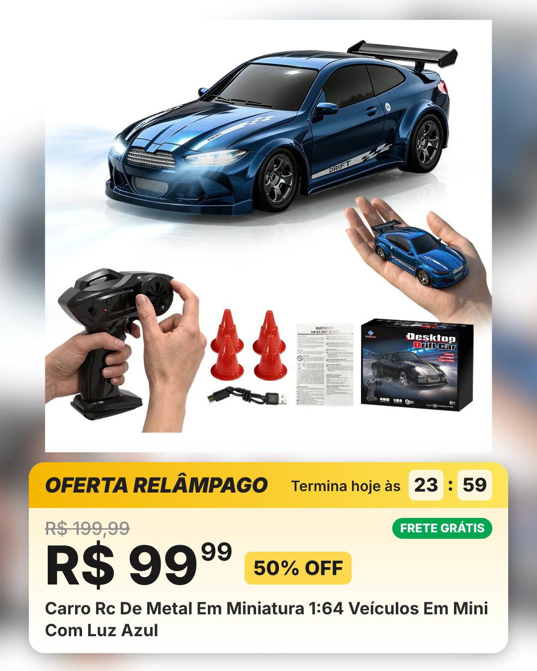 Carro Rc De Metal Em Miniatura 1:64 Veículos Em Mini Com Luz Azul