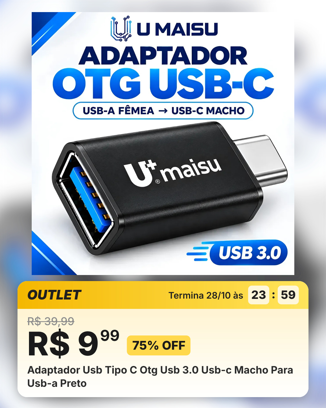 Adaptador Usb Tipo C Otg Usb 3.0 Usb-c Macho Para Usb-a Preto