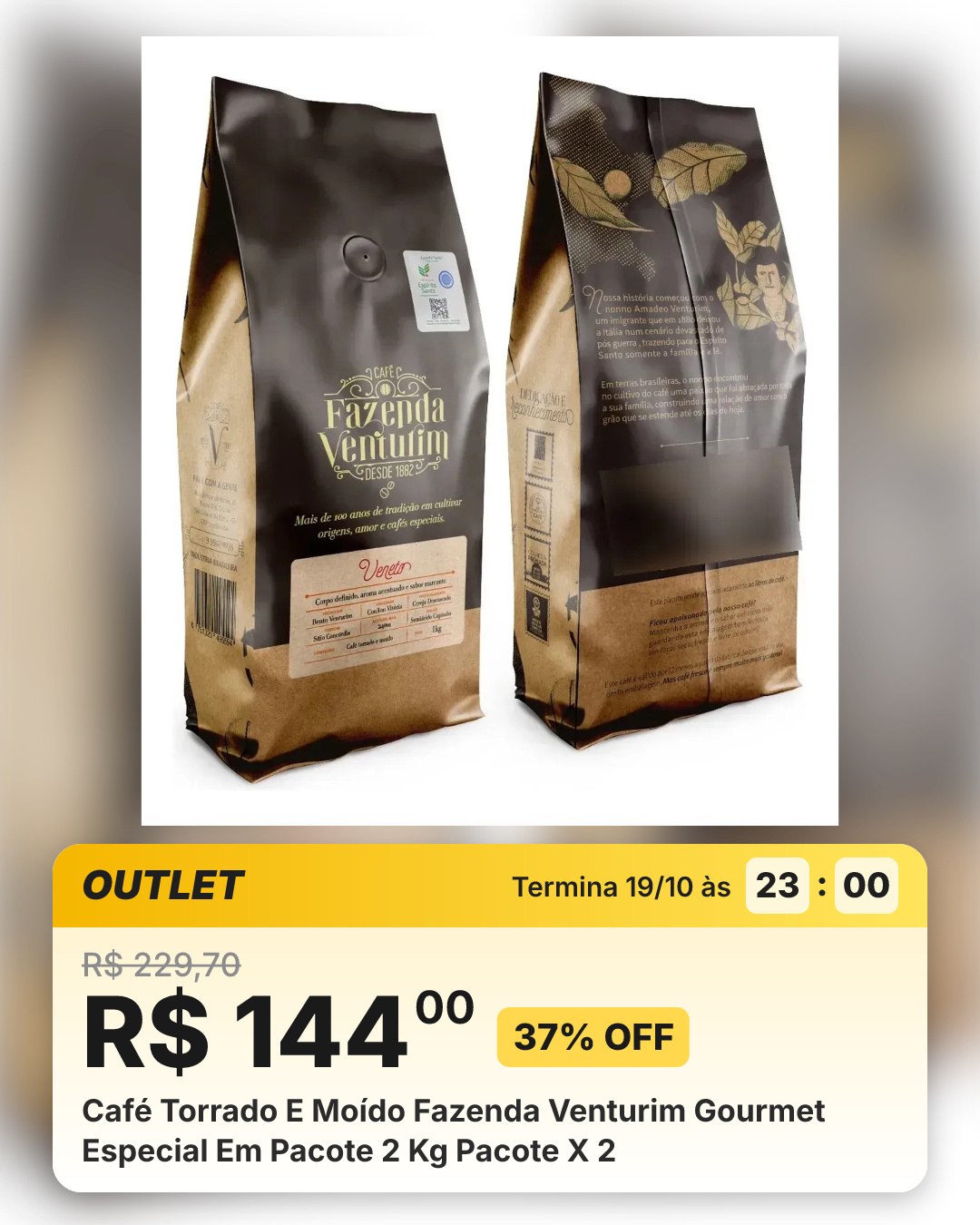 Café Torrado E Moído Fazenda Venturim Gourmet Especial Em Pacote 2 Kg Pacote X 2