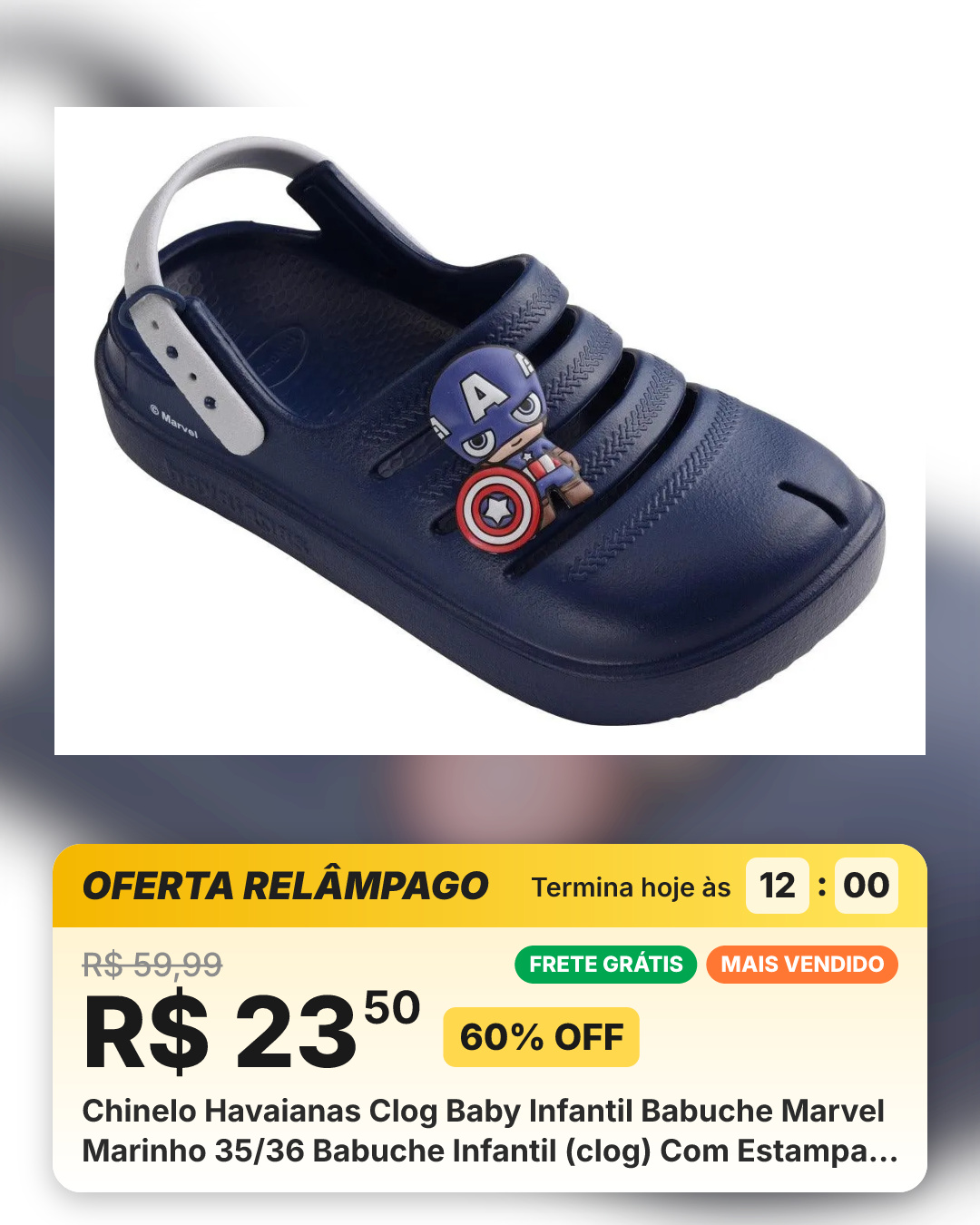 Chinelo Havaianas Clog Baby Infantil Babuche Marvel Marinho 35/36 Babuche Infantil (clog) Com Estampa Do Capitão América