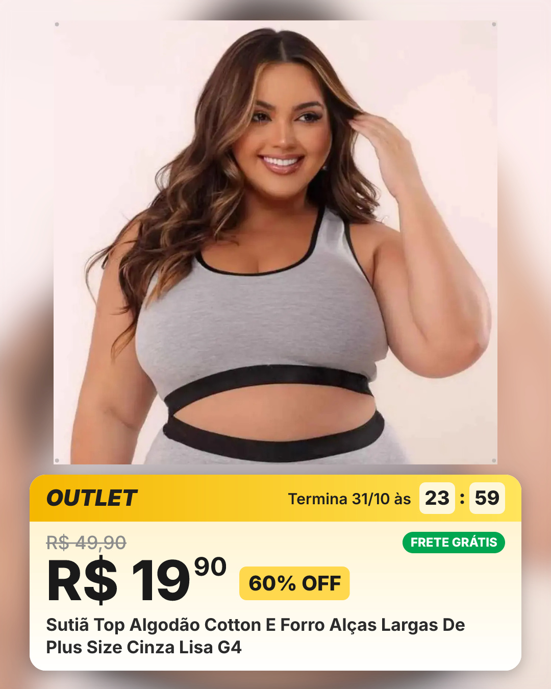 Sutiã Top Algodão Cotton E Forro Alças Largas De Plus Size Cinza Lisa G4