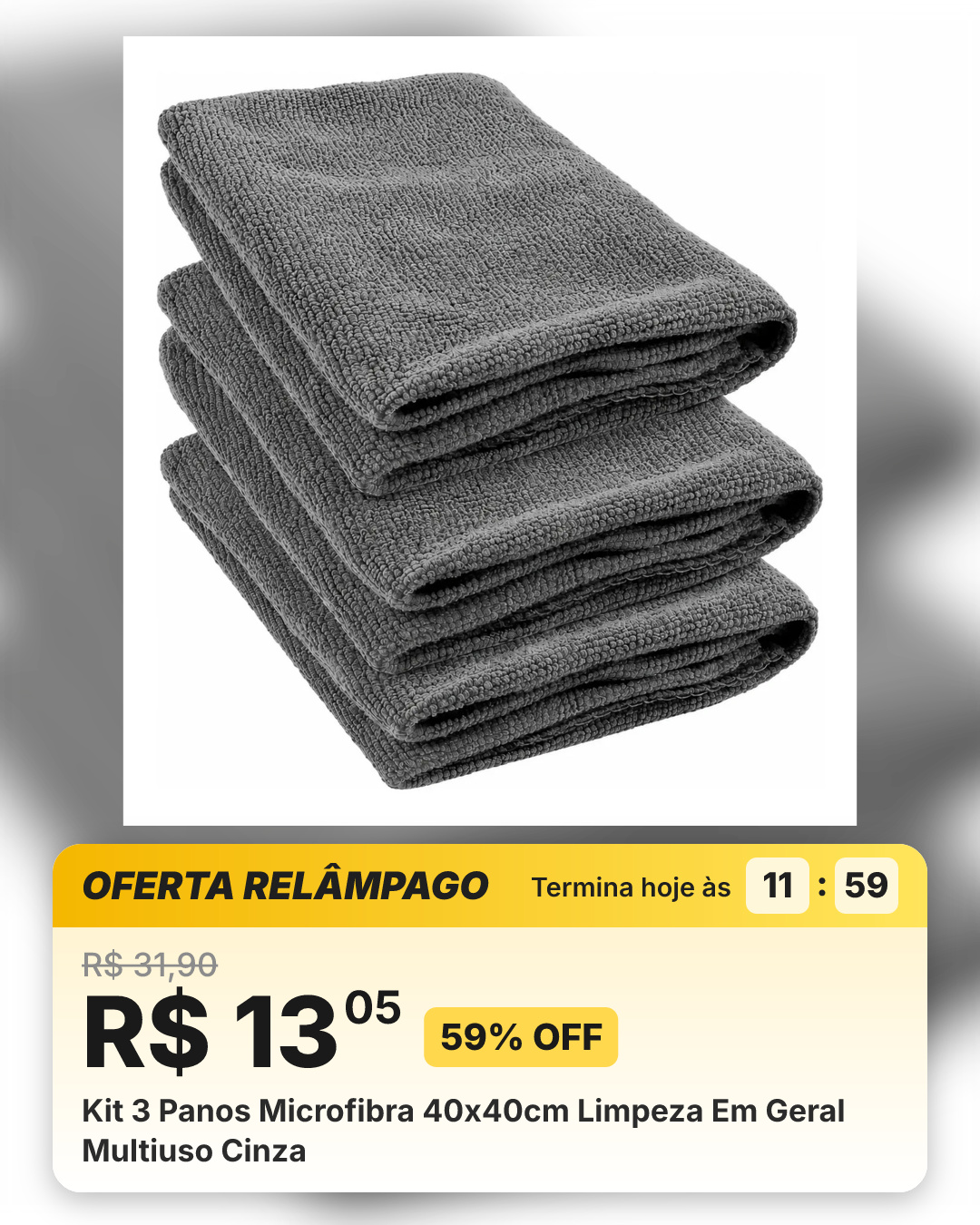 Kit 3 Panos Microfibra 40x40cm Limpeza Em Geral Multiuso Cinza