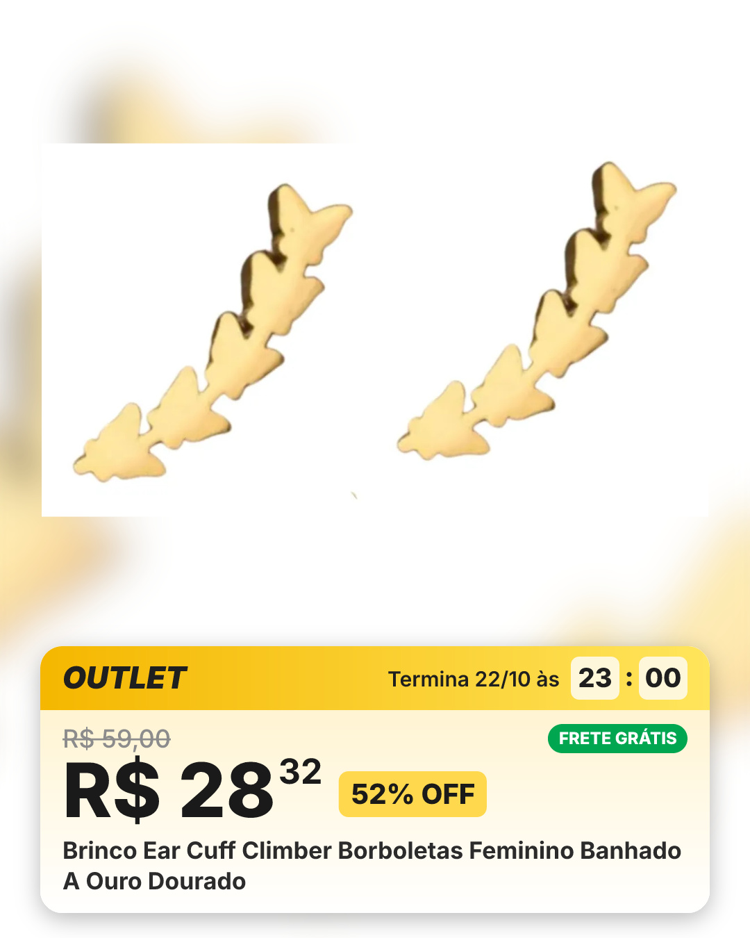 Brinco Ear Cuff Climber Borboletas Feminino Banhado A Ouro Dourado