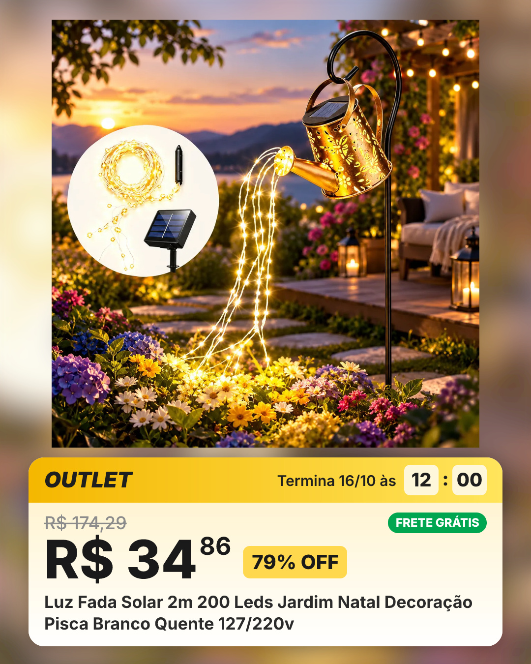 Luz Fada Solar 2m 200 Leds Jardim Natal Decoração Pisca Branco Quente 127/220v