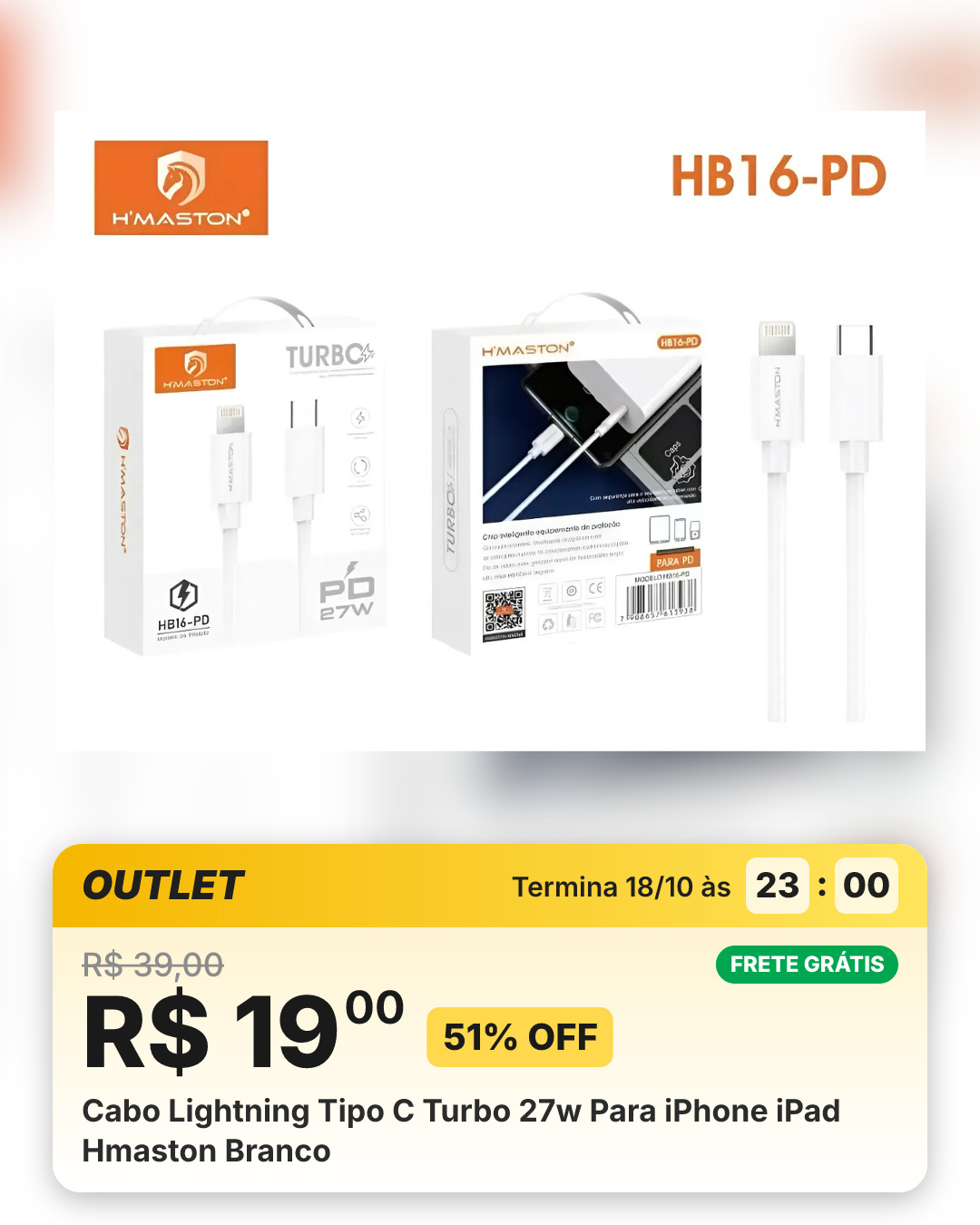 Cabo Lightning Tipo C Turbo 27w Para iPhone iPad Hmaston Branco