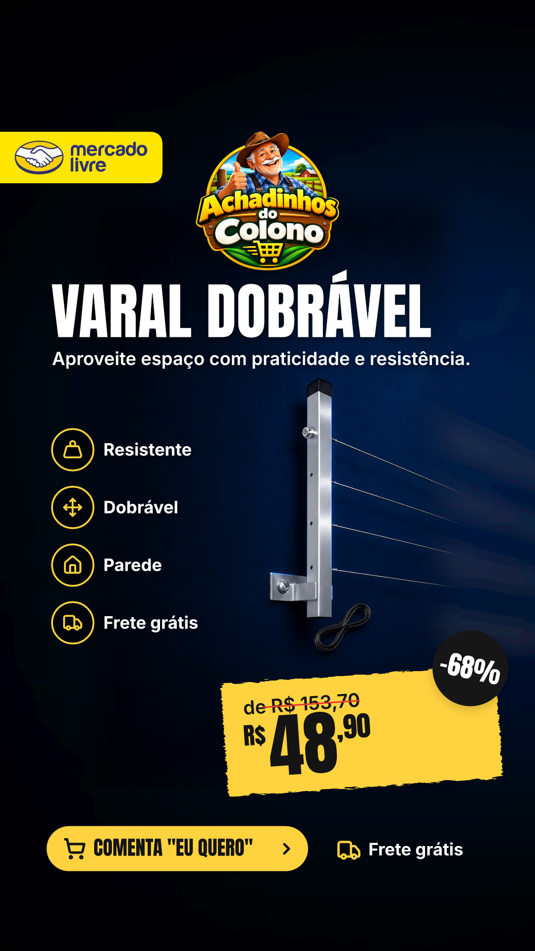 Varal Dobravel De Parede Aluminio Premium Resistente 80kg