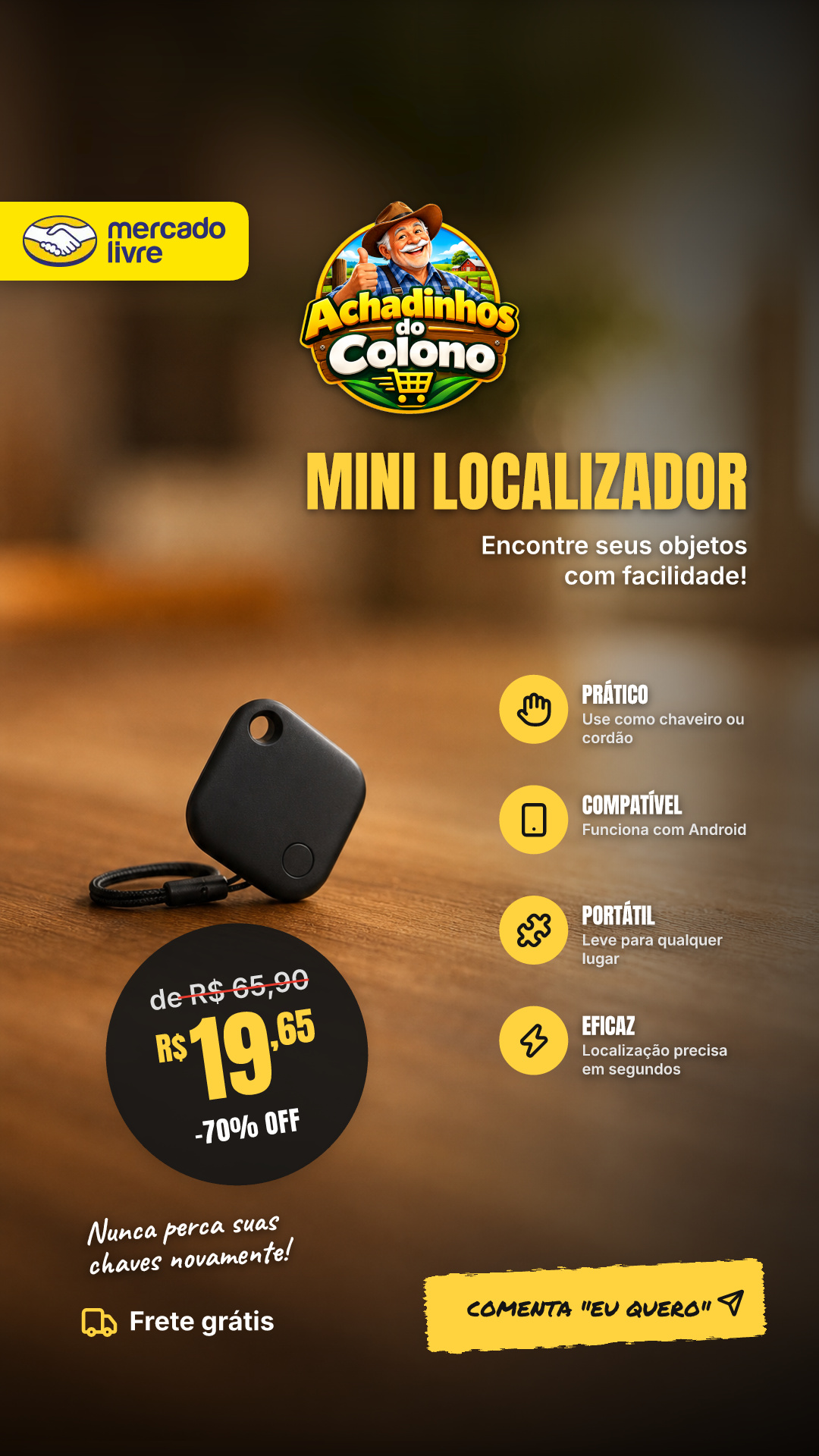 Mini Localizador Rastreador Smart Tag Gps Com Cordão Chaveiro Cor Preto Compatível Com Android