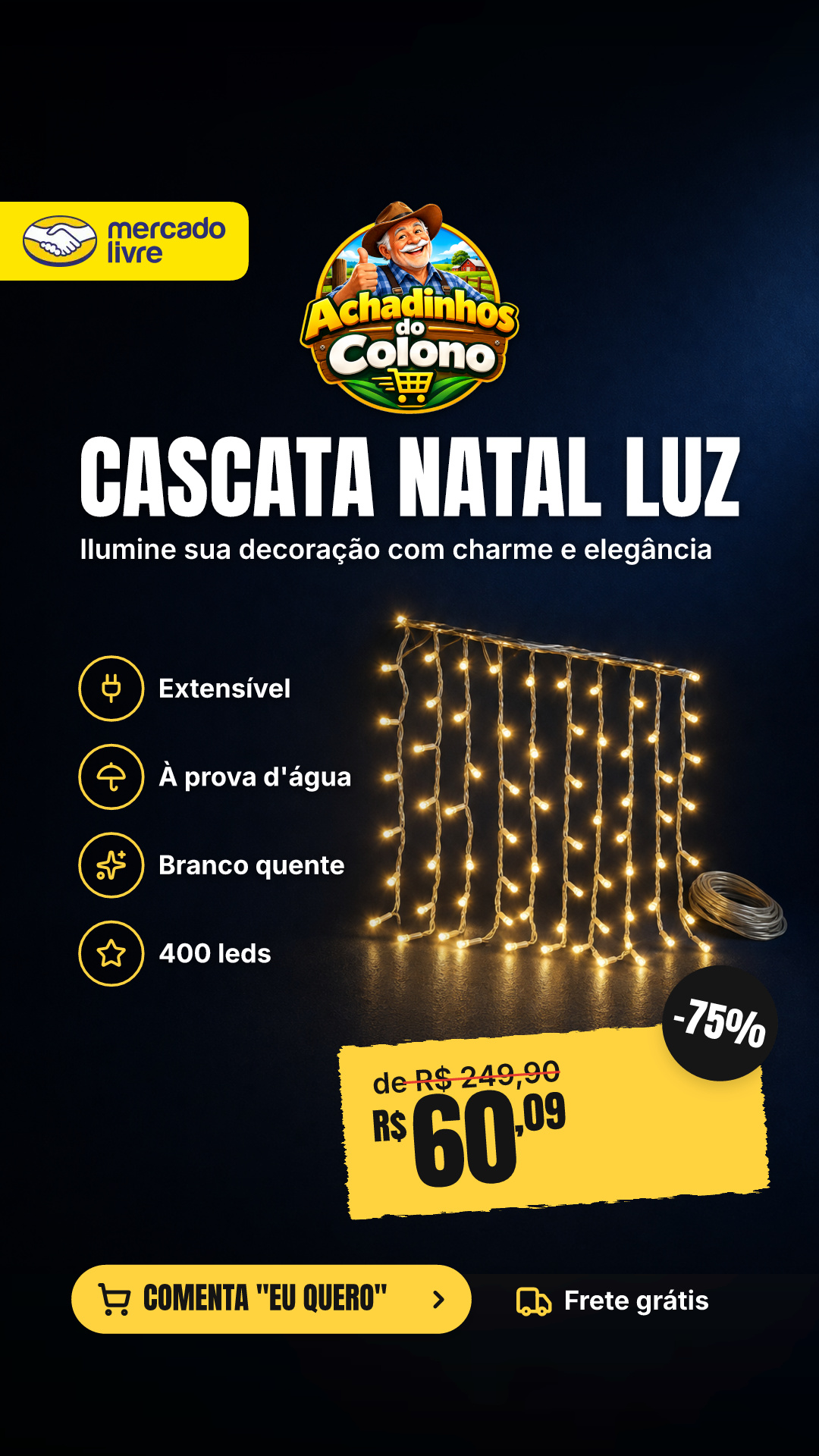 Cascata Natal Luz Fixa 400 Leds 10 Metros Branco Quente Extensível Macho Fêmea A Prova D'agua Área Interna E Externa Laruno 220v