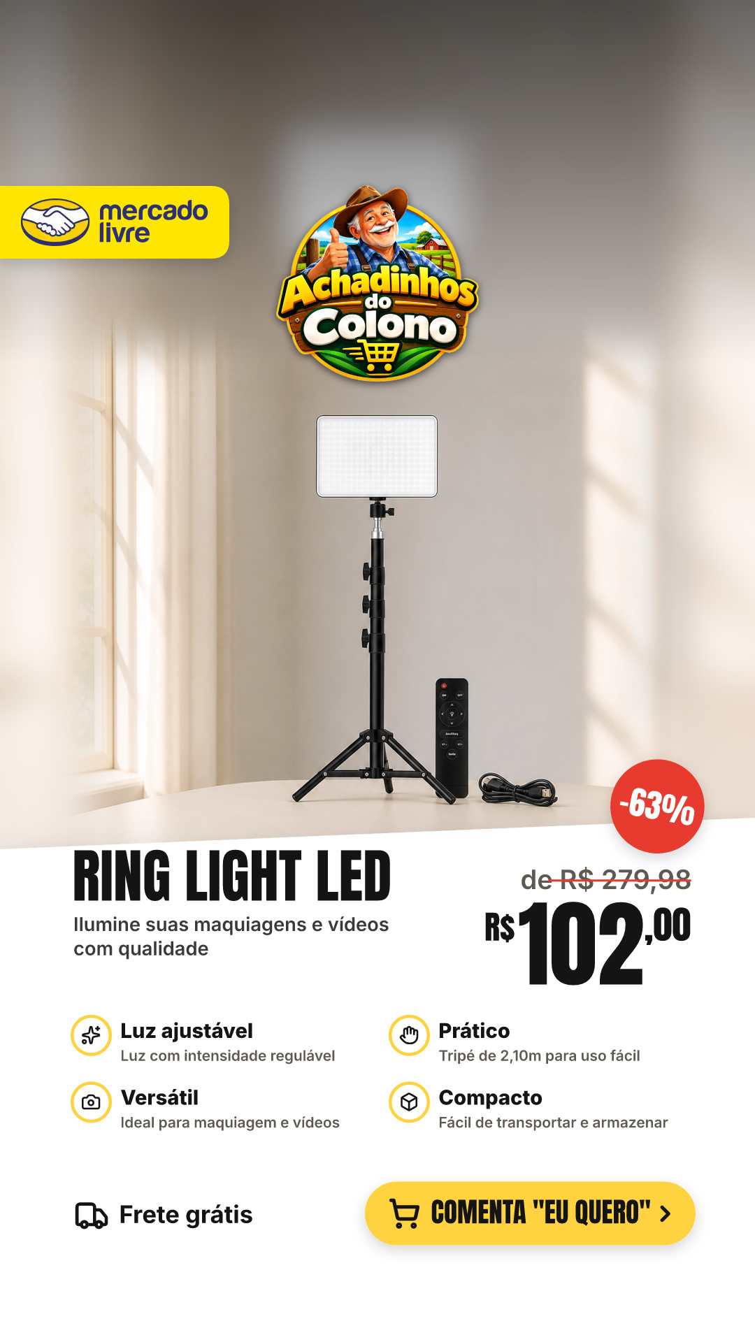 Ring Light Led Lumi De 33cm Com Tripé 2,10m E Luz Ajustável Para Maquiagem E Vídeos Branco