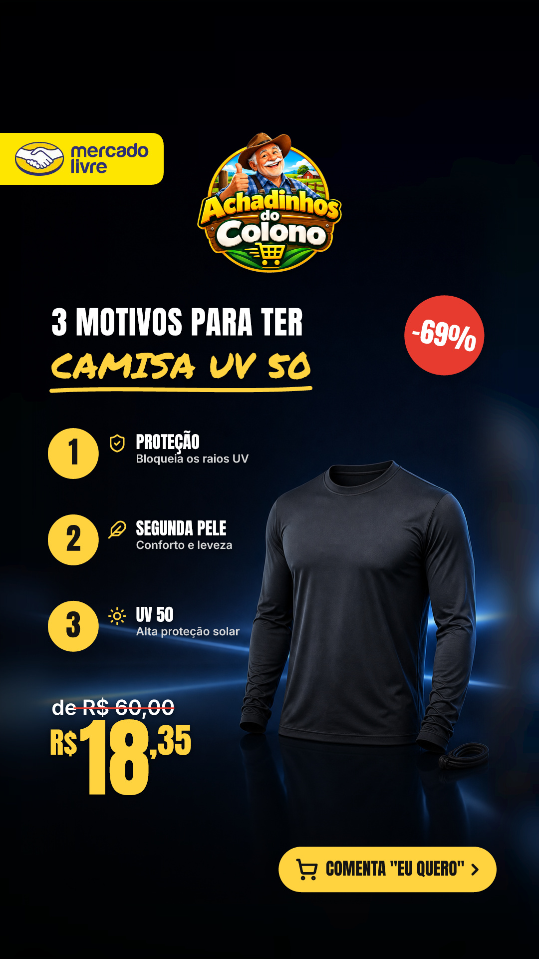 Camisa Manga Longa Uv 50 Proteção Mascunino Sol Segunda…