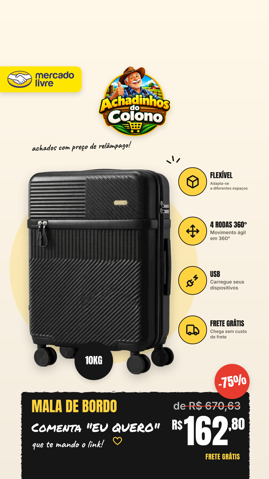 Mala De Bordo 10kg Polipropileno Flexivel 4 Rodas 360° Usb
