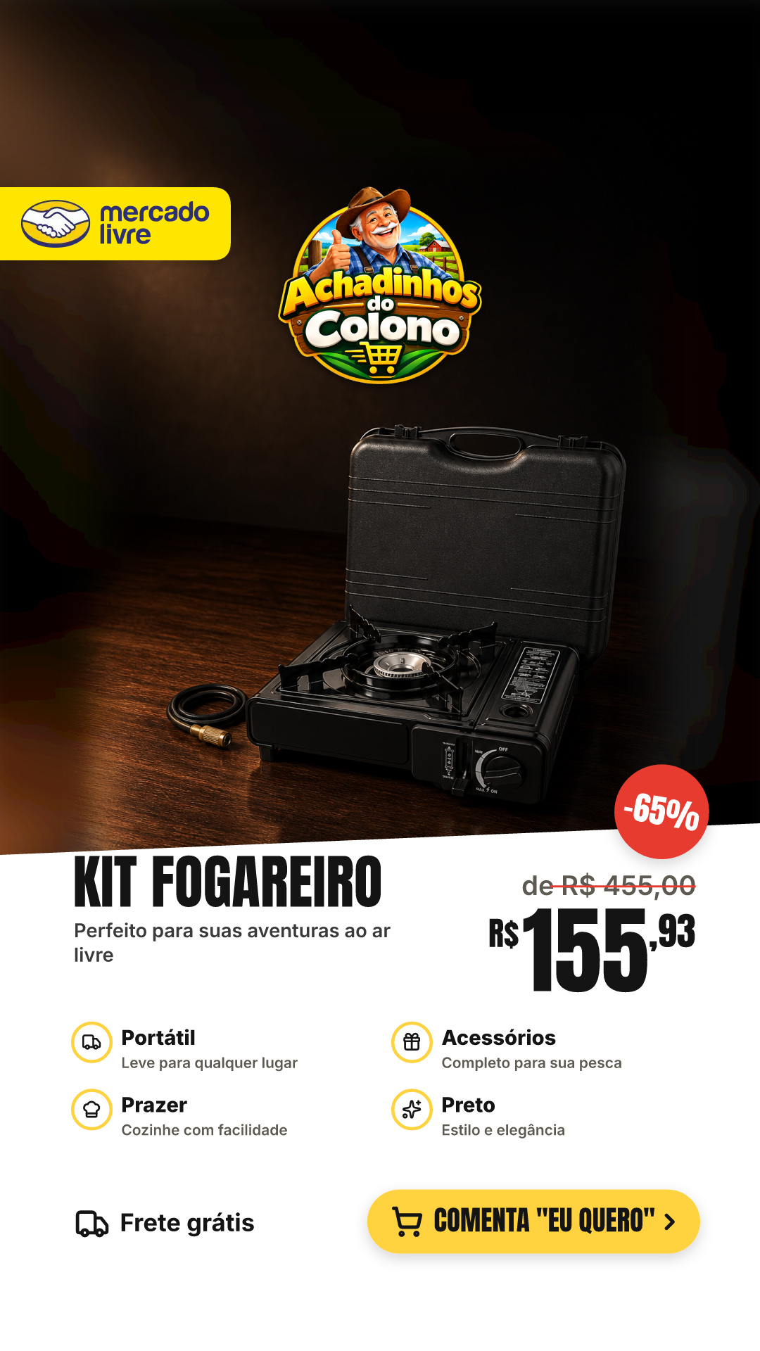 Kit Fogareiro Fogão Portátil Pesca Camping Com Acessórios Preto
