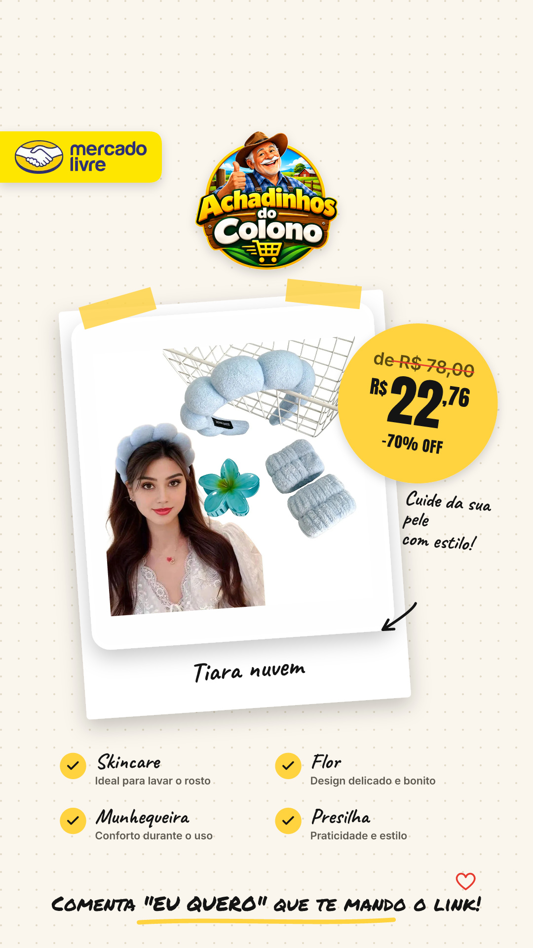 Tiara Nuvem Skincare Munhequeira Lavar Rosto Presilha Flor
