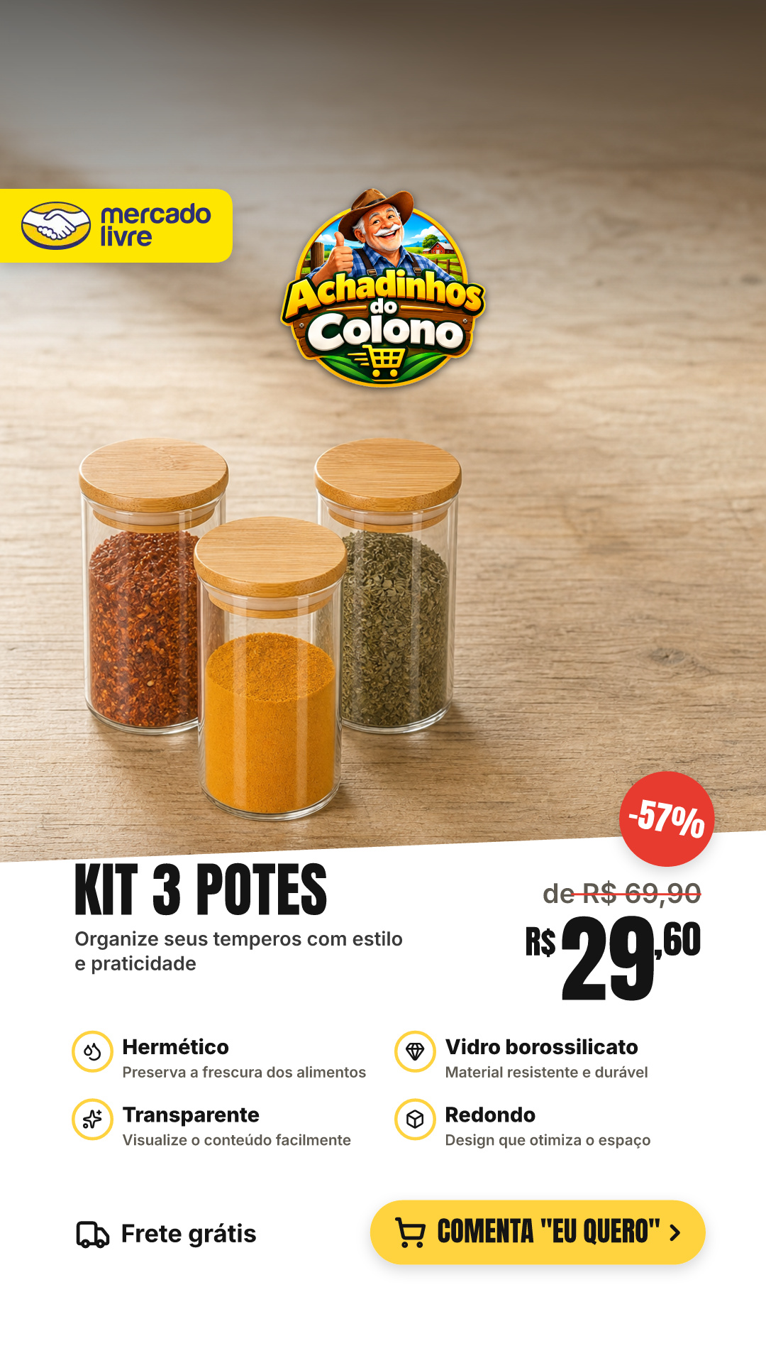 Kit 3 Potes Tampa De Bambu 300ml Hermético Vidro Borossilicato Porta Temperos Mantimentos Alimentos Redondo Transparente Bravli Sem Cor