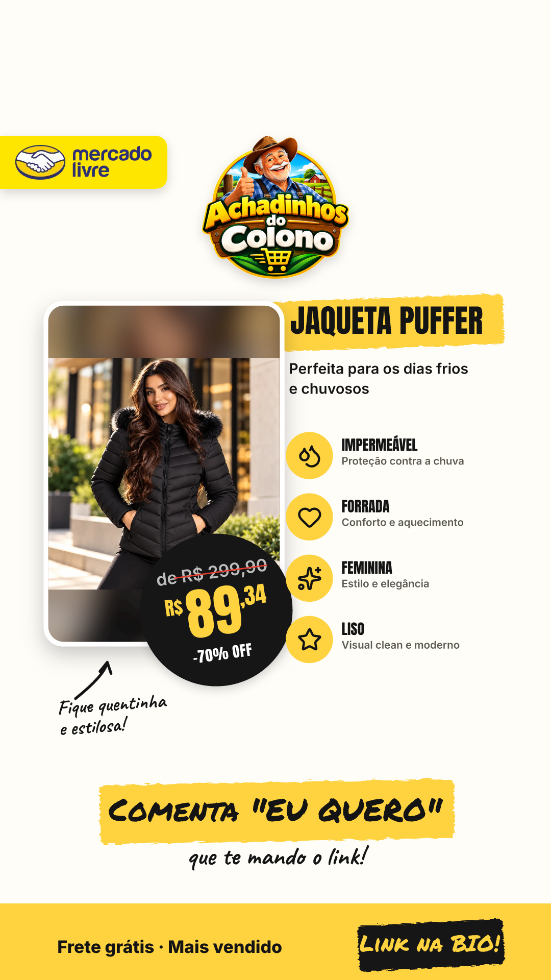 Jaqueta Blusa Feminina Puffer Forrada Impermeável Inverno Preto M Liso